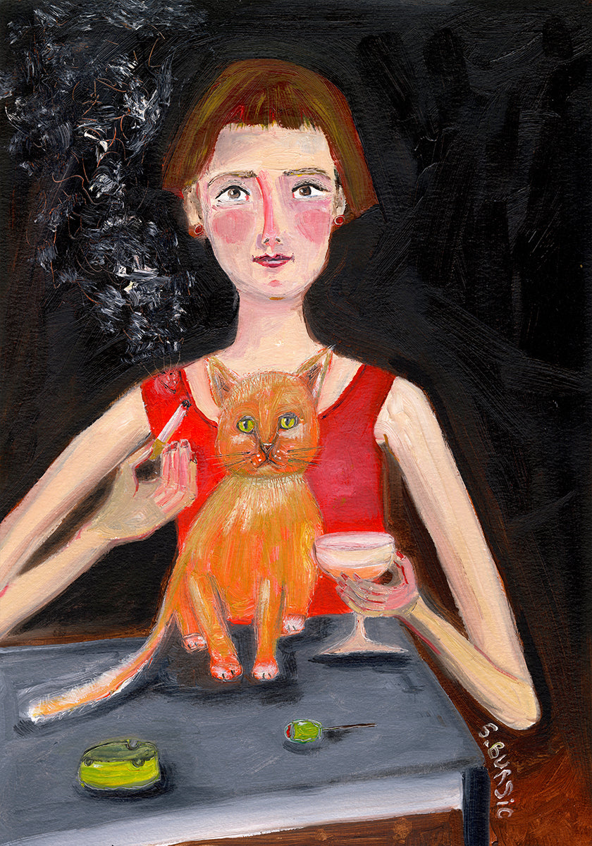 Poster mit Vintage-Frau mit Cocktail und Katze