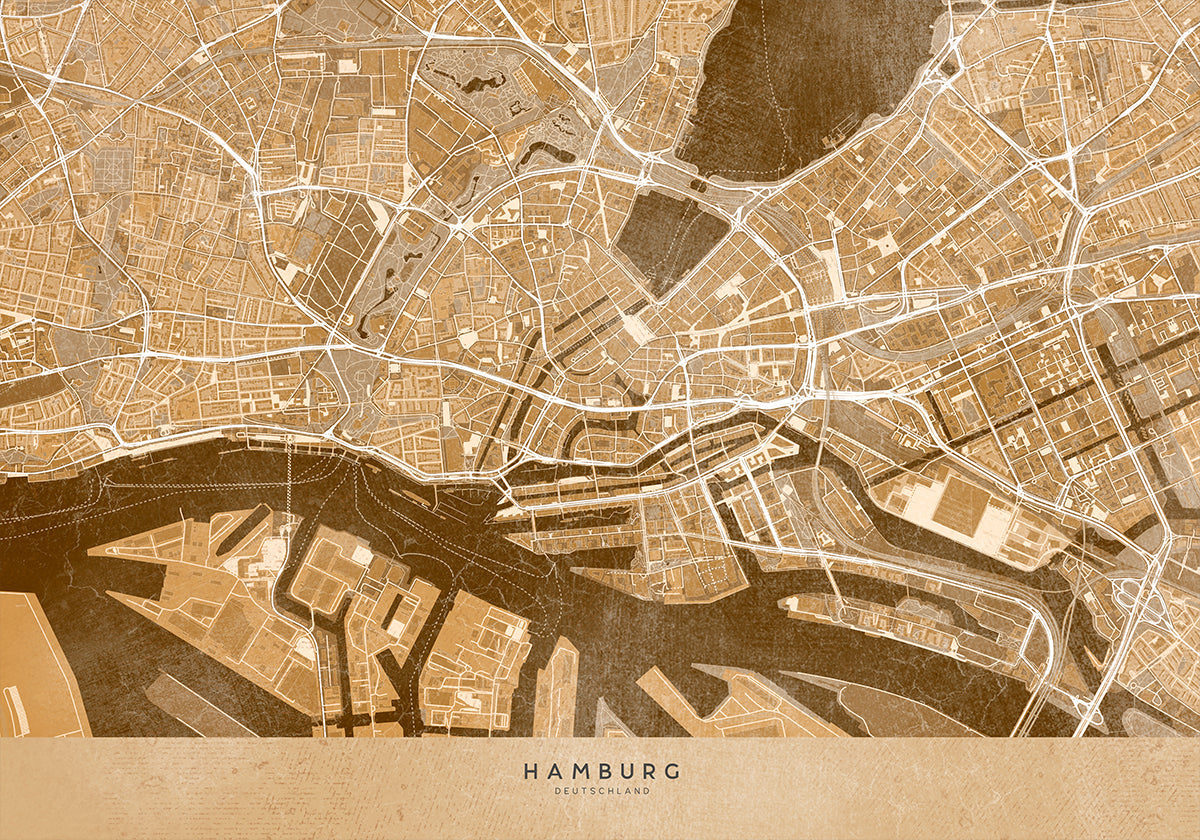 Sepia-Vintage-Karte der Hamburger Innenstadt, Poster