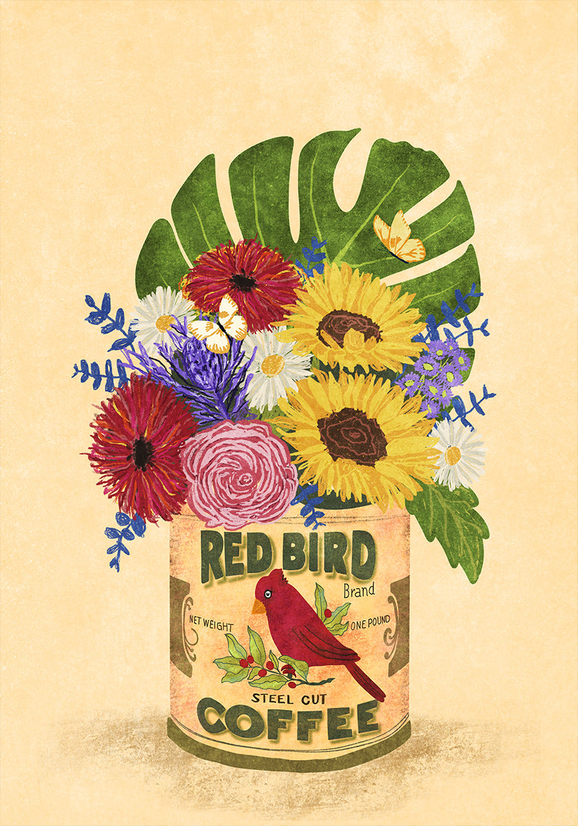 Blumen in einem Vintage-Kaffeedosen-Poster