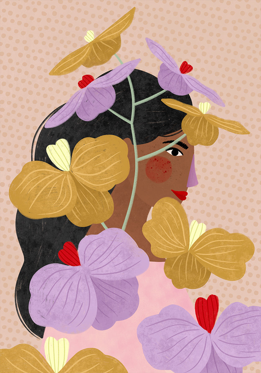 Versteckt hinter gelb-lila Blumen Poster