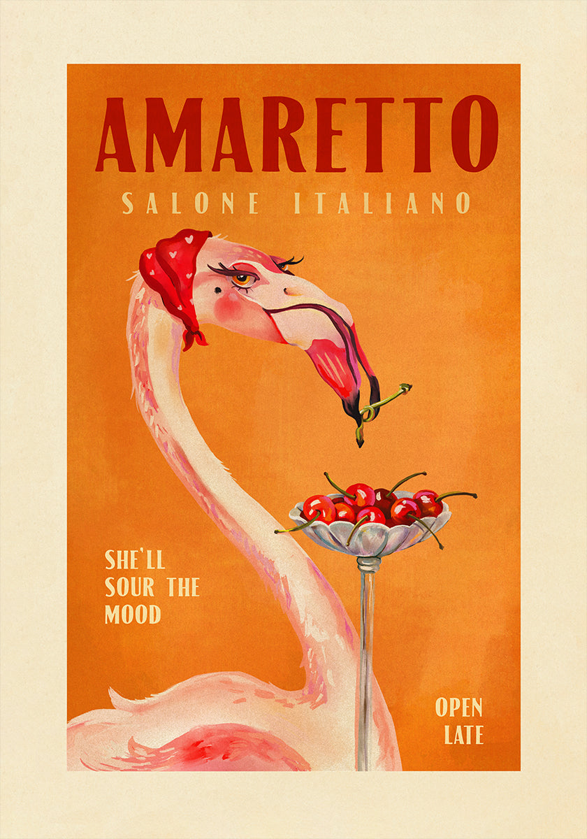 Amaretto Flamingo Art Deco Italienisches Café Reisekunst Poster