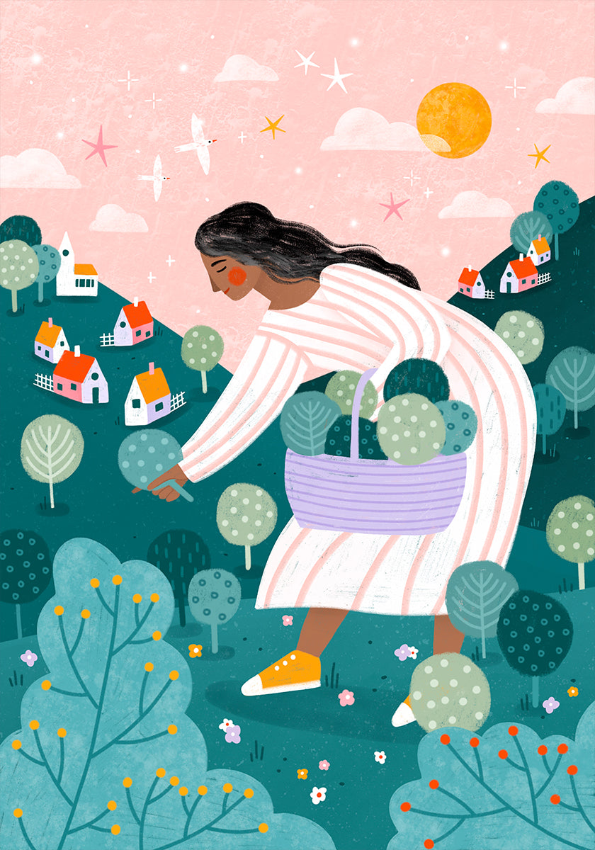 Eine Frau, die Bäume pflückt