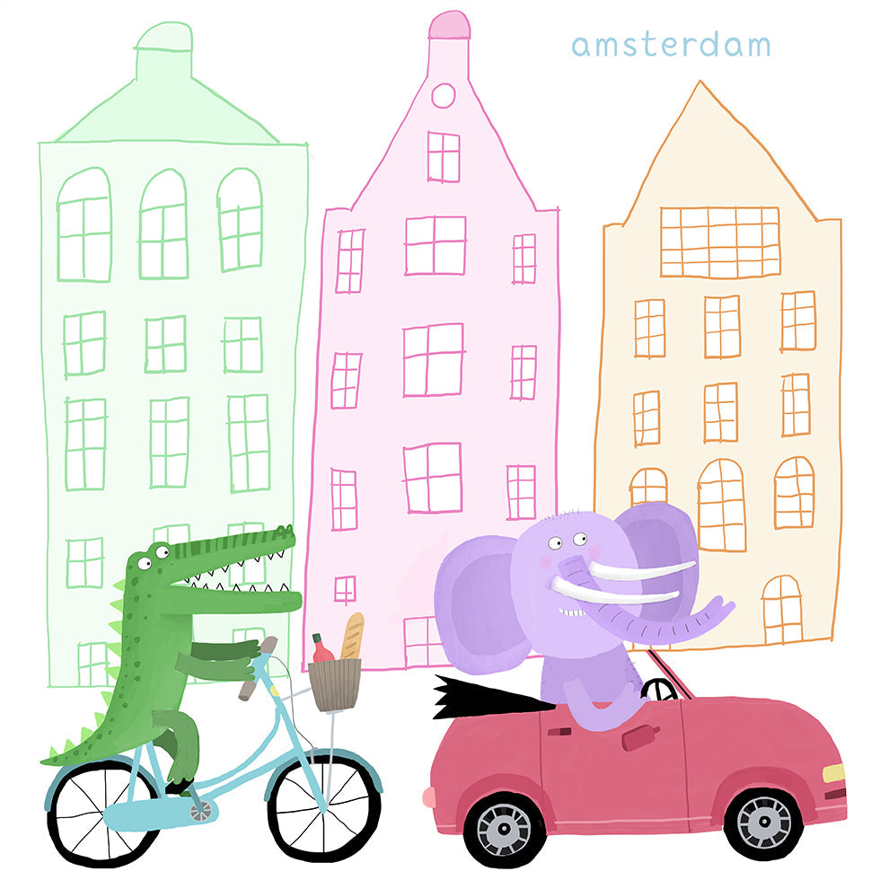 Ein Krokodil auf einem Fahrrad und ein Elefant in einem Auto-Poster