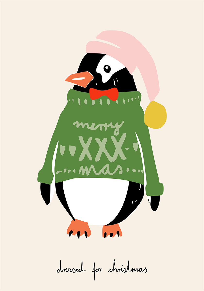 Festlich gekleidetes Pinguin-Plakat für Weihnachten