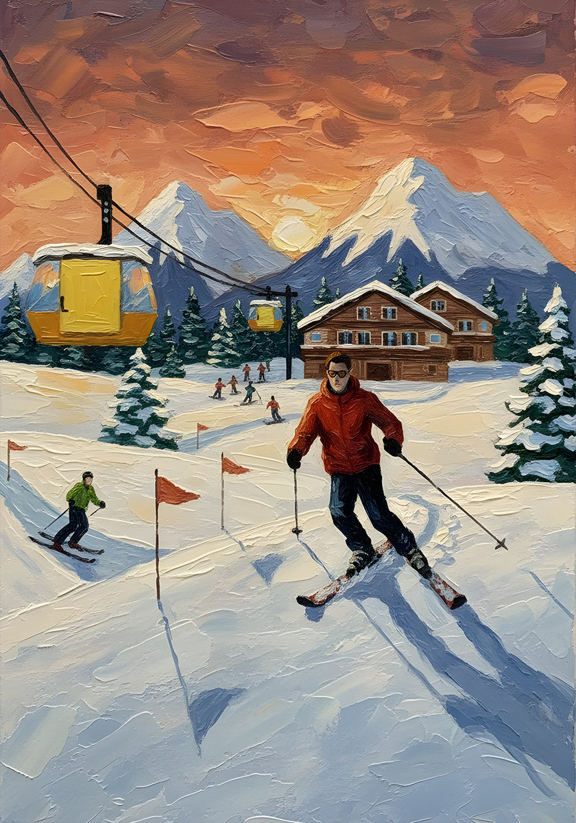 Skifahren bei Sonnenuntergang Poster