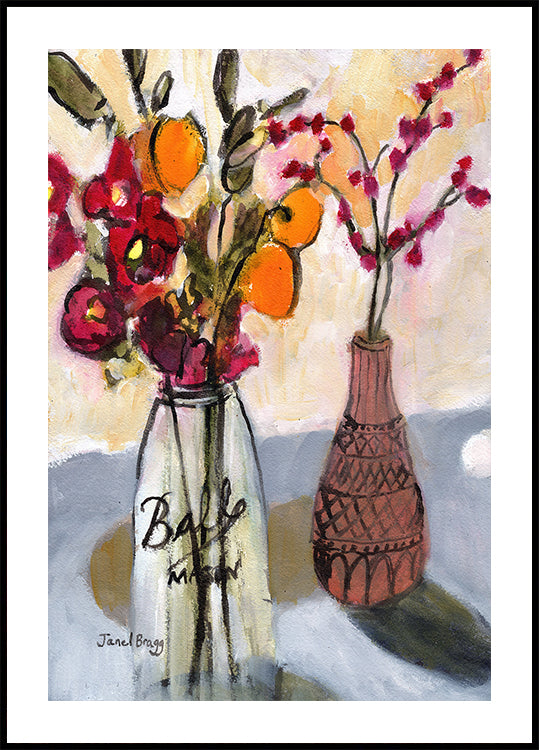 Stillleben mit Einmachglas und Blumen Poster