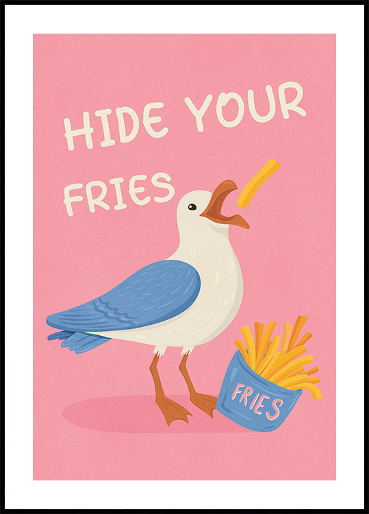 Möwe mit Pommes Frites, humorvolles Illustrationsposter
