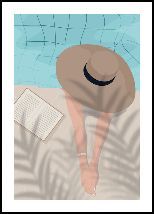 Genießen Sie den Moment 2, Poster „Sommer am Pool mit Buch und Hut“.