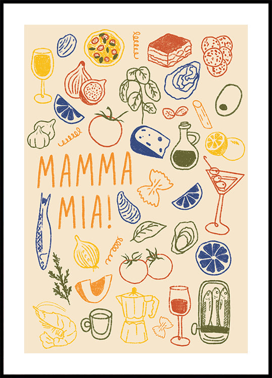 Mamma Mia!, verspieltes italienisches Küchenplakat mit farbenfrohen Essensillustrationen