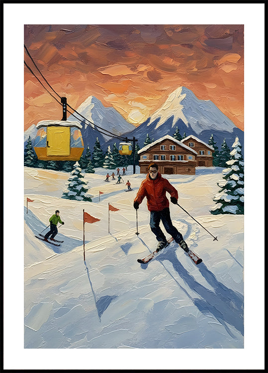Skifahren bei Sonnenuntergang Poster