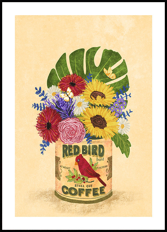 Blumen in einem Vintage-Kaffeedosen-Poster