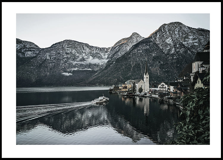 Serene Mountain Village Reflection Poster - Posterbox.dk