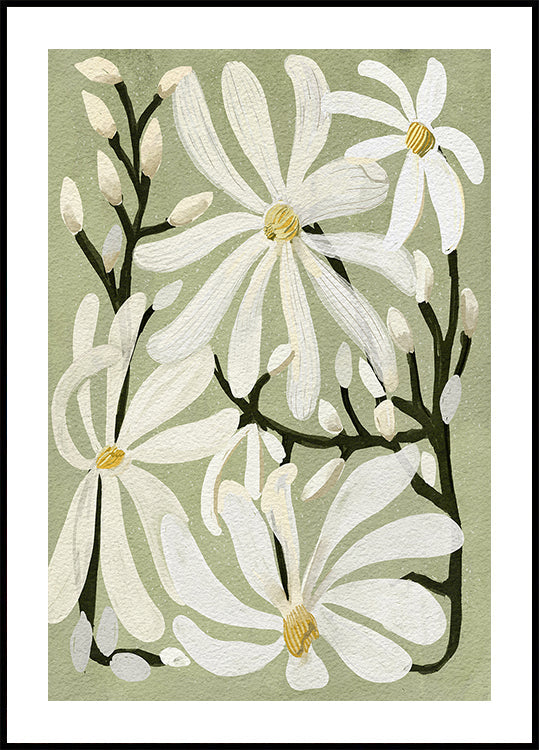 Poster mit Stern-Magnolien-Blumenmuster auf salbeifarbenem Hintergrund