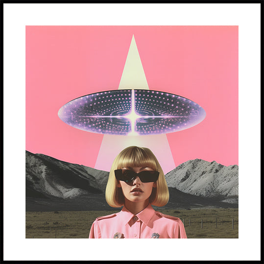 Eine Frau steht unter einem UFO-Poster