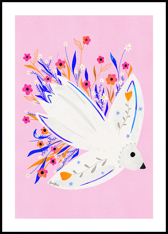 Vogel im rosa Blumenillustrationsplakat