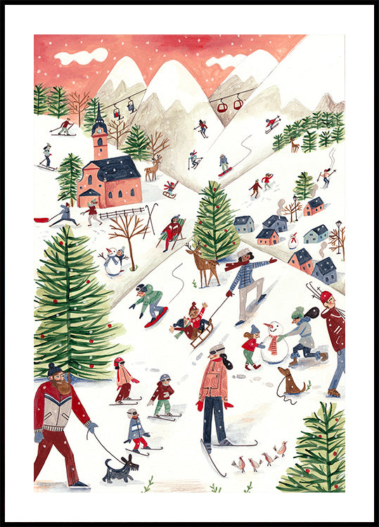 Berglandschaft mit Häusern im Schnee Poster