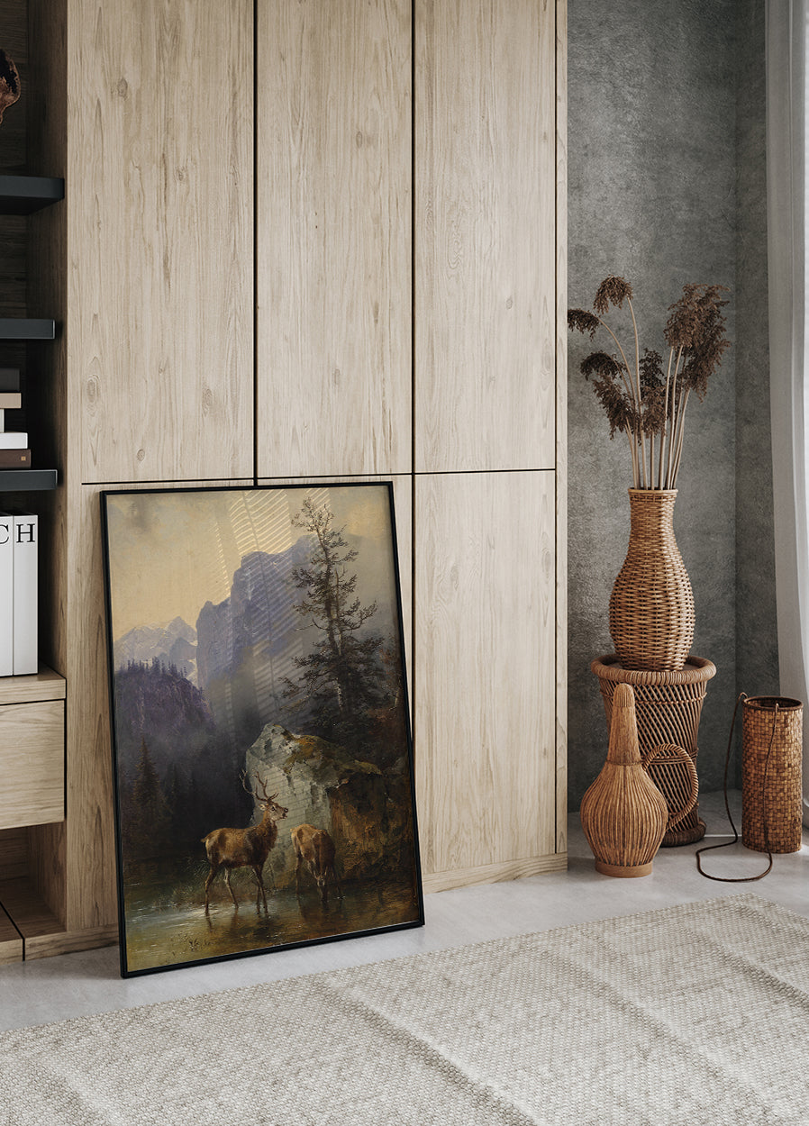 Hirsch und Tier An Der Tränke von Friedrich Gauermann Poster - Posterbox.dk