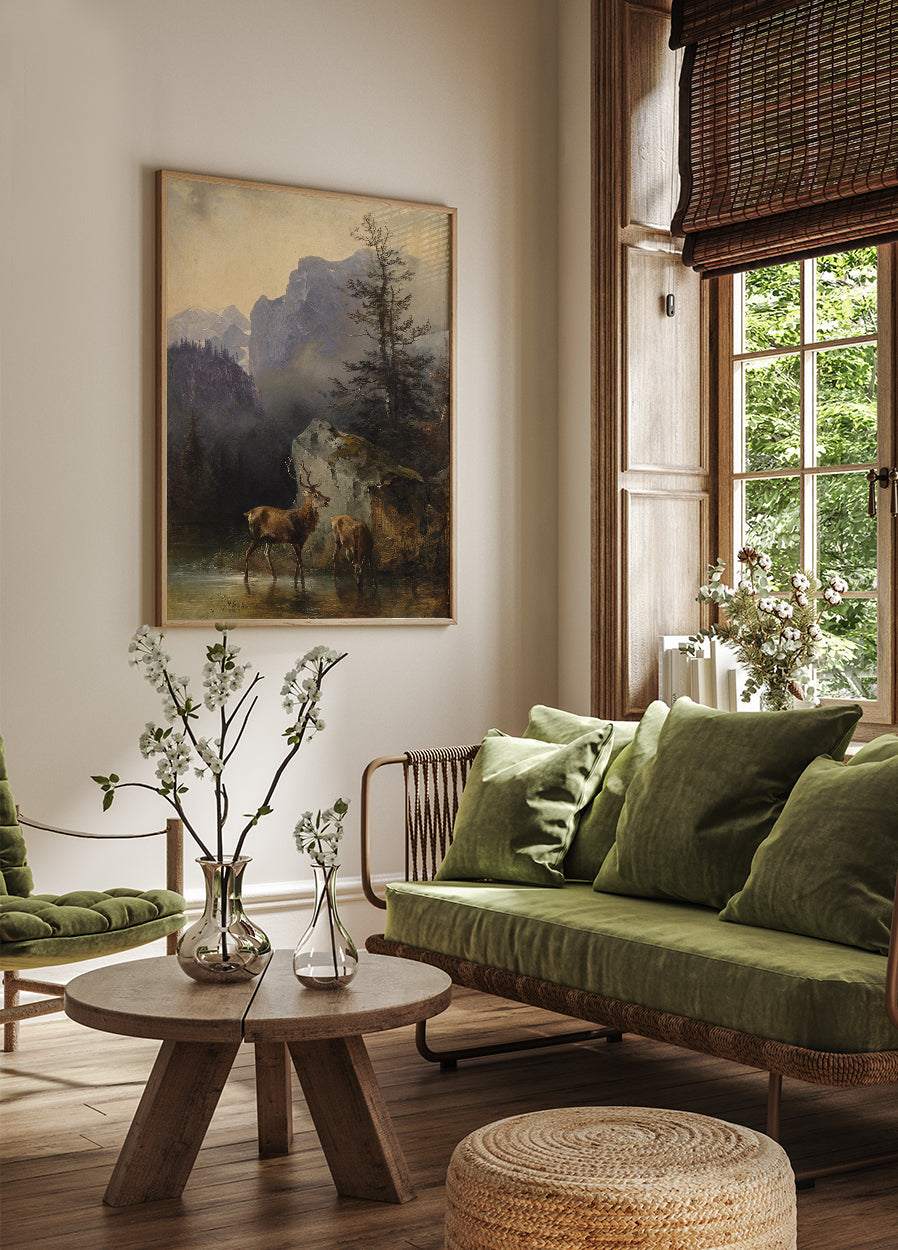 Hirsch und Tier An Der Tränke von Friedrich Gauermann Poster - Posterbox.dk