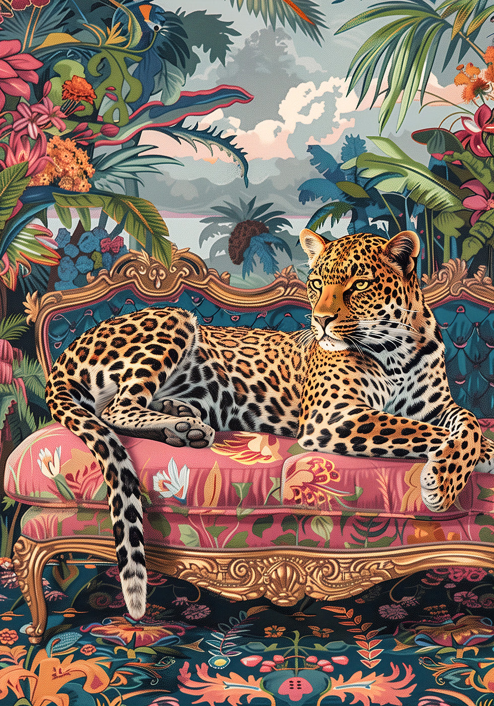 Poster „Leopard faulenzt auf einem Luxussofa“ – Posterbox.dk