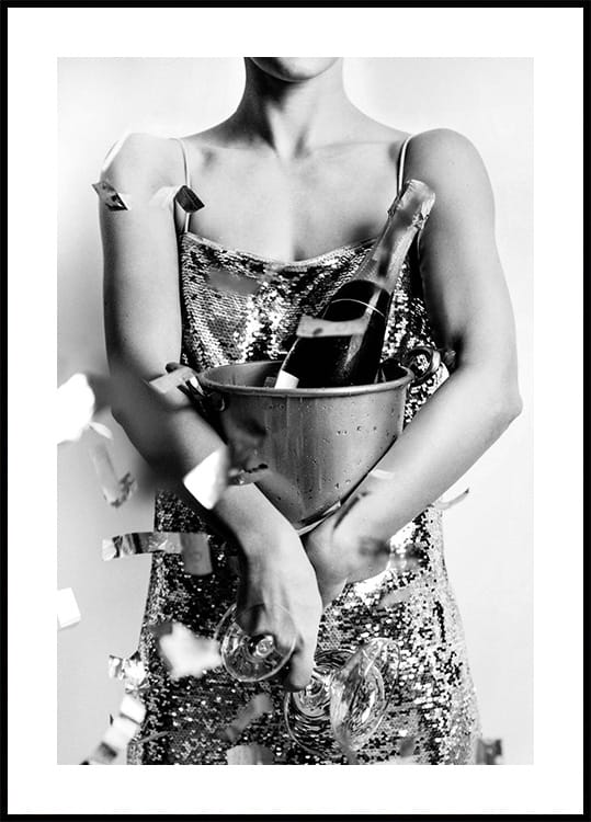 Poster Frau mit Champagner und Discokugel - Posterbox.dk