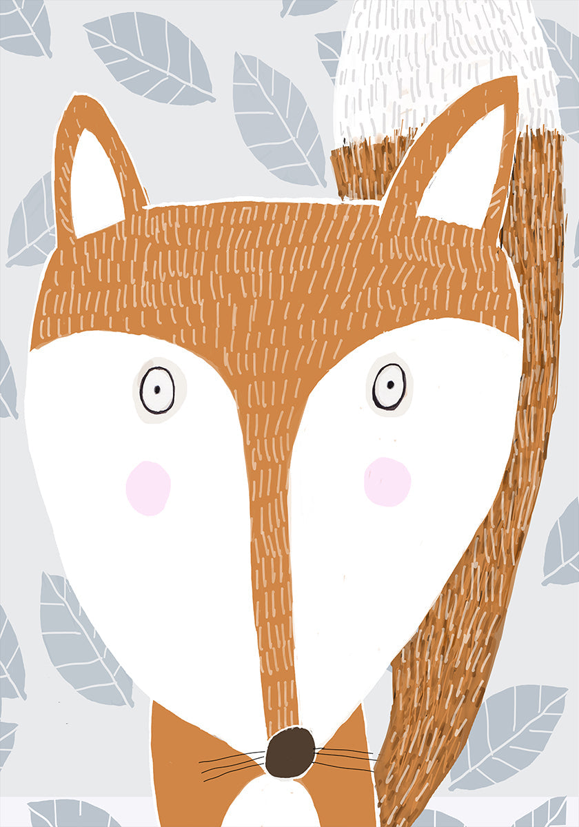 Cute Red Fox with Grey Leaf Pattern by Artist Carla Daly Plakat - Posterbox
