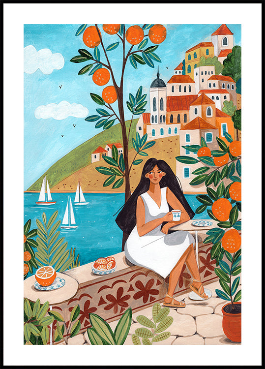 Travel poster woman in Mediterranean coast - Posterbox