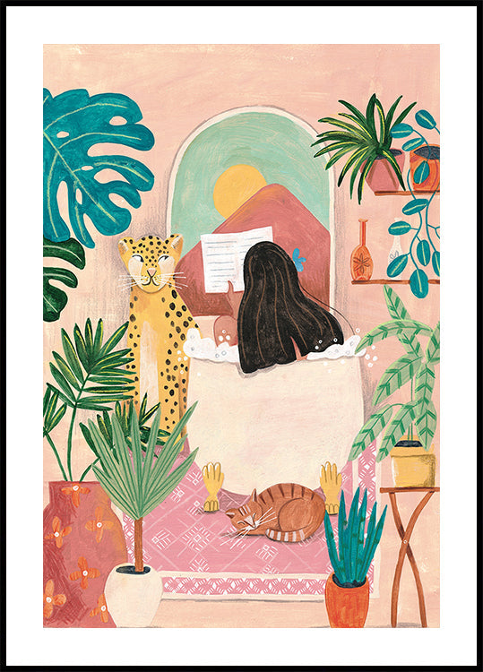 Woman taking bath in pink tropical bathroom Plakat - Posterbox