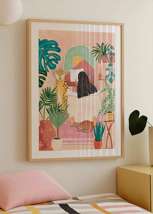 Woman taking bath in pink tropical bathroom Plakat - Posterbox