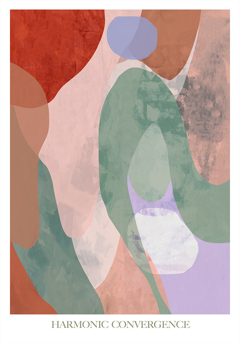 Das Bild ist ein abstraktes Kunstwerk mit einer harmonischen Konvergenz verschiedener Formen und Farben, darunter Rot-, Grün-, Blau- und Lilatöne.