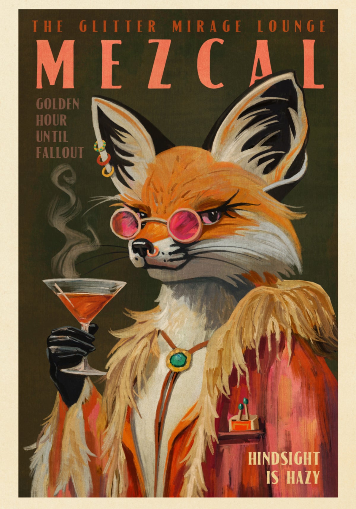 Mezcal-Fuchs-Druck. Vintage-Alkohol-Poster und Cocktail-Dekoration