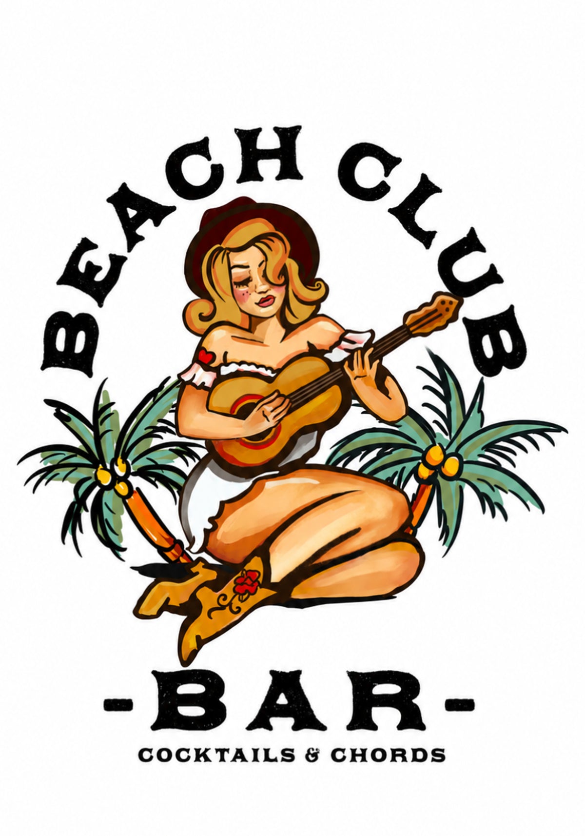 Beach-Club-Bar. Sailor Jerry Style Pin-up-Girl, das Gitarre spielt