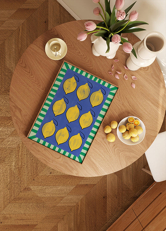 Vibrant Yellow Lemons on a Deep Blue Plakat - Posterbox