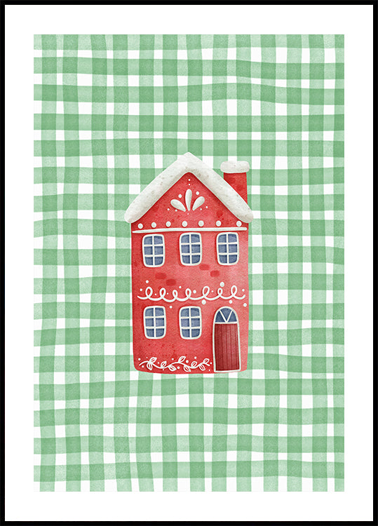 Cute Red Christmas House On Green Checks Plakat - Posterbox