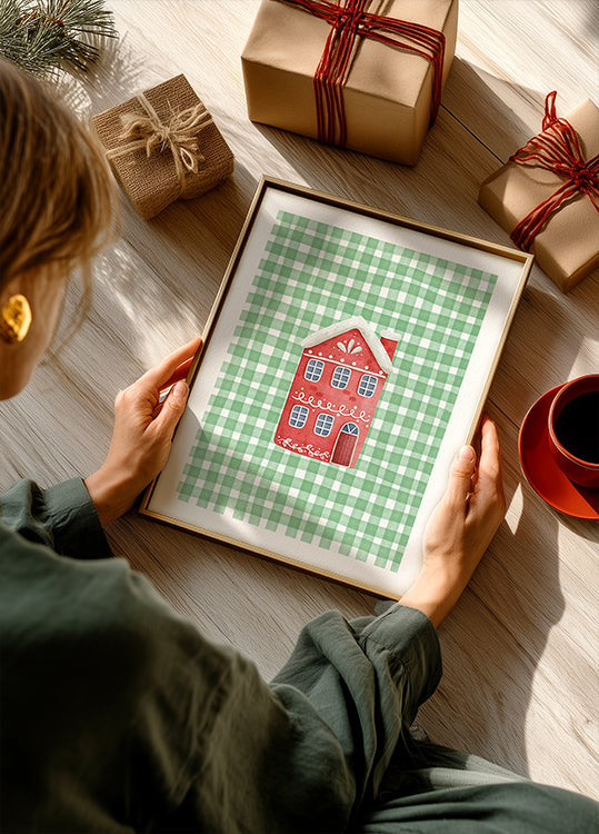 Cute Red Christmas House On Green Checks Plakat - Posterbox