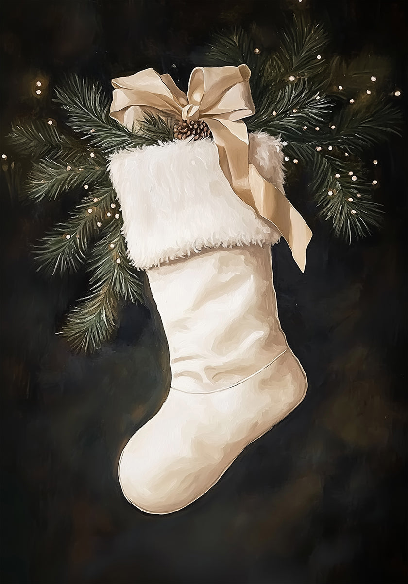 Christmas Stocking with Pine and Ribbon Plakat - Posterbox