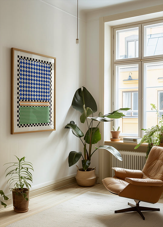 Geometrisches Muster mit blauen und weißen Diamanten