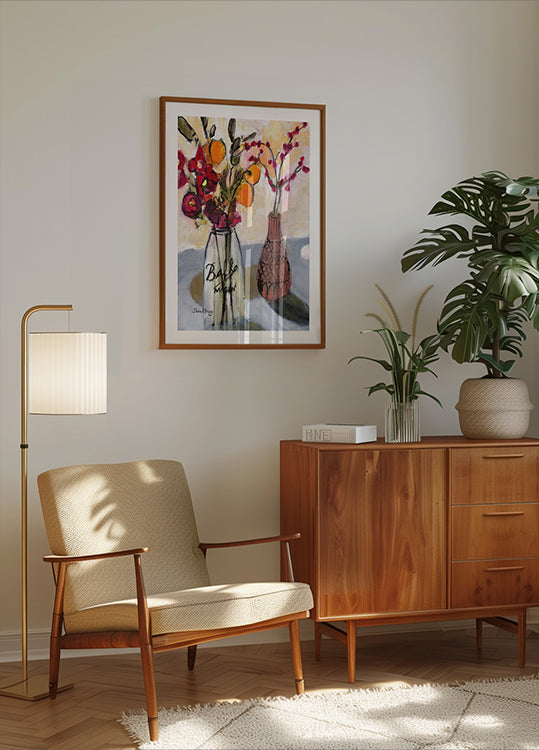 Stillleben mit Einmachglas und Blumen Poster