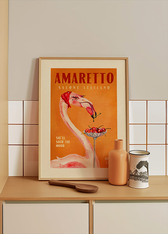 Amaretto Flamingo Art Deco Italienisches Café Reisekunst Poster