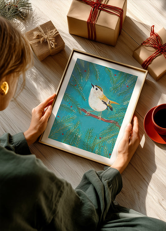 Goldhähnchenvogel sitzt in einem Baum Poster