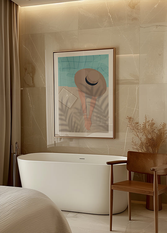 Genießen Sie den Moment 2, Poster „Sommer am Pool mit Buch und Hut“.