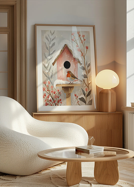 Vogelhaus mit Rotkehlchen und Pflanzen Poster