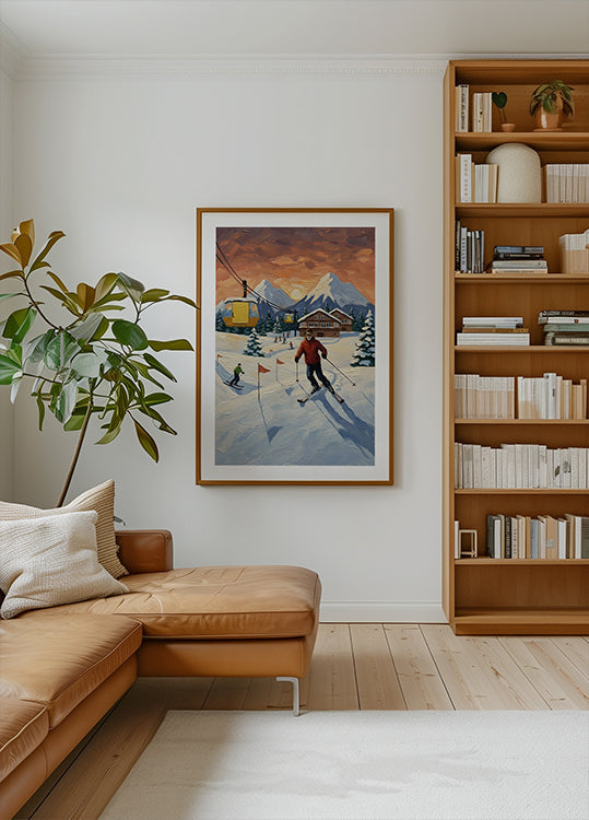 Skifahren bei Sonnenuntergang Poster