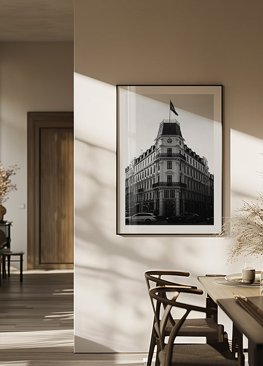 Schwarz-Weiß-Poster mit historischem Gebäude in Kopenhagen