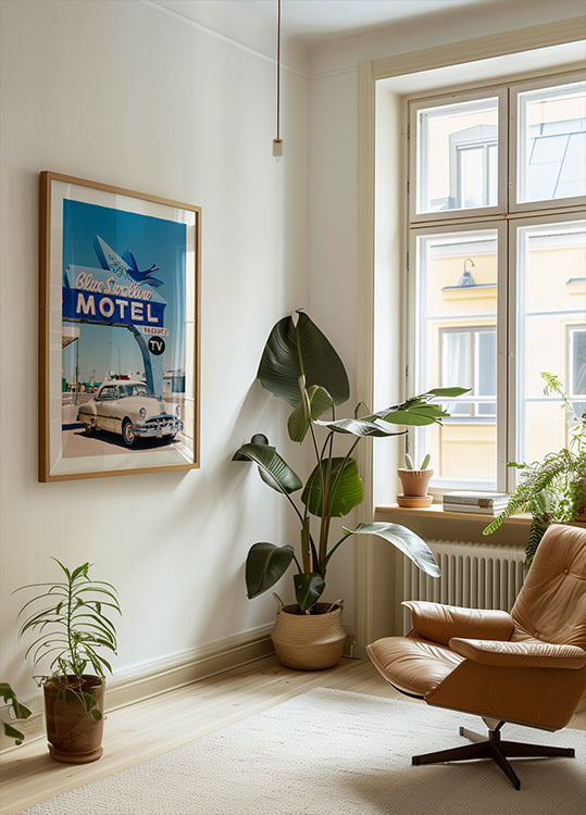 Blaues Schwalben-Motel-Poster