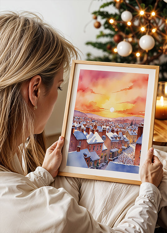 Verschneites Weihnachtsmorgen-Sonnenaufgang-Poster