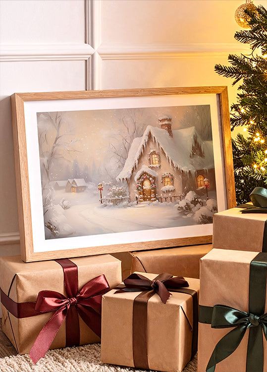 Verschneites Häuschen in der Abenddämmerung Poster