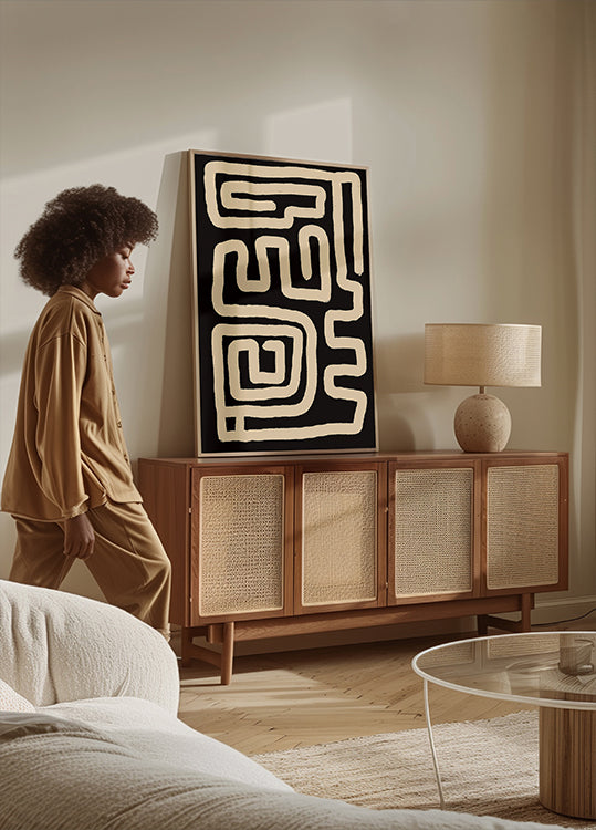 Beigefarbenes Labyrinth-Linien-Poster