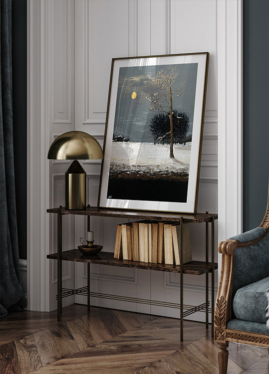 Am Rande eines verschneiten Abendwaldgemäldes – mondbeschienene Winterlandschaftskunst für Zuhause, Büro oder Geschenk-Inneneinrichtung