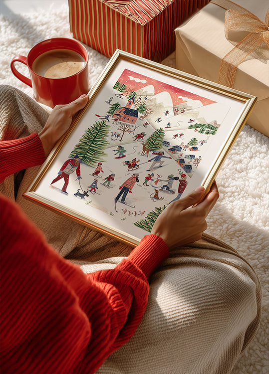 Berglandschaft mit Häusern im Schnee Poster