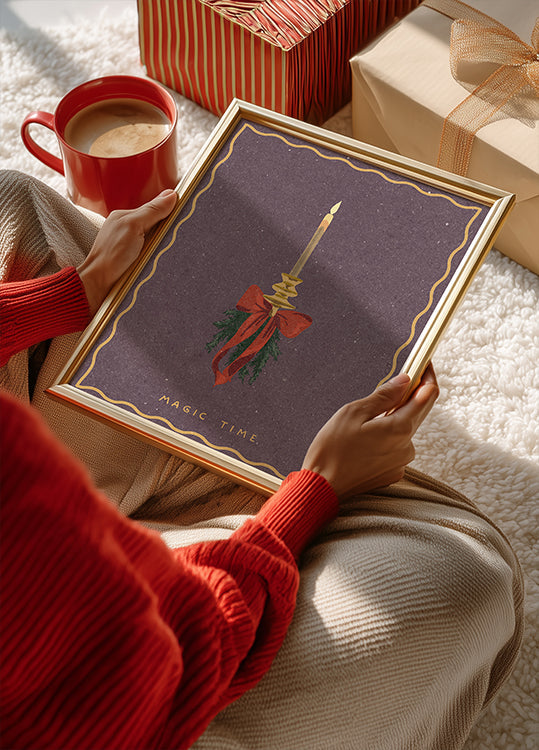 Poster Kerze mit Schleife und Fichtenzweigen